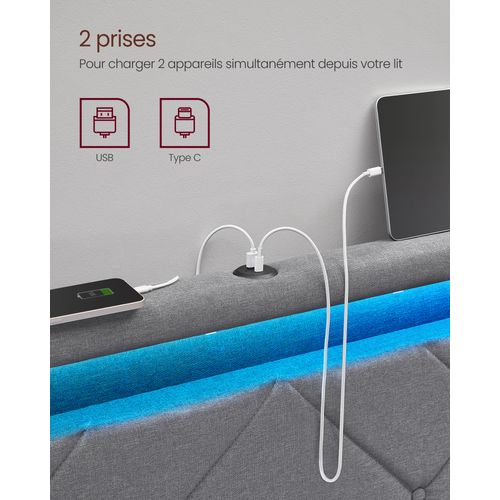 Lit 140 X 190 Cm, LED, 4 Tiroirs, Tête De Lit Rembourrée Ajustable, Gris Clair Et Noir Mat