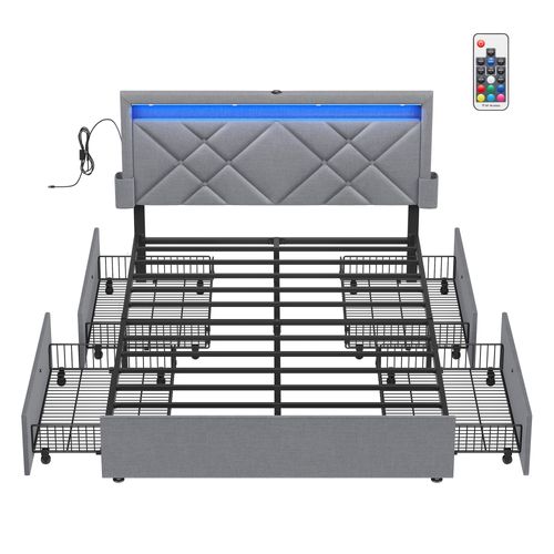 Lit 140 X 190 Cm, LED, 4 Tiroirs, Tête De Lit Rembourrée Ajustable, Gris Clair Et Noir Mat