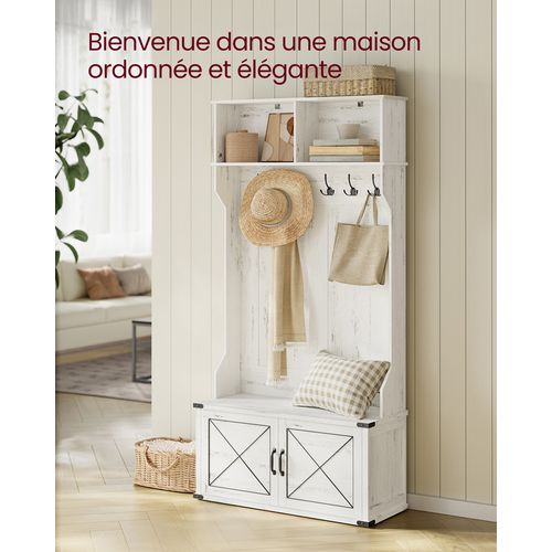 Porte-manteau Avec Banc Et Armoire à Chaussures, 2 Compartiments Ouverts, 6 Crochets Triples, Blanc