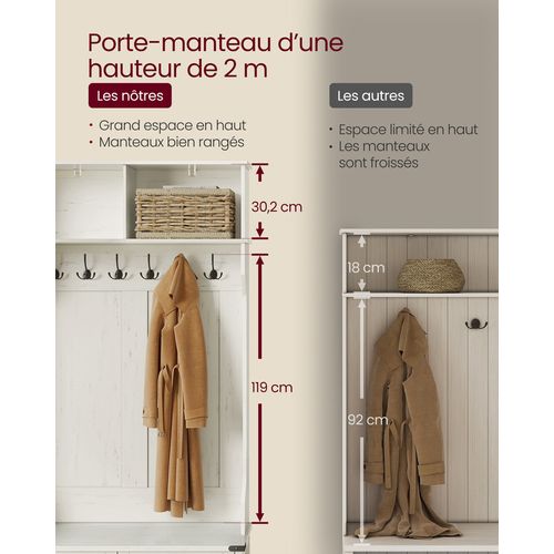 Porte-manteau Avec Banc Et Armoire à Chaussures, 2 Compartiments Ouverts, 6 Crochets Triples, Blanc