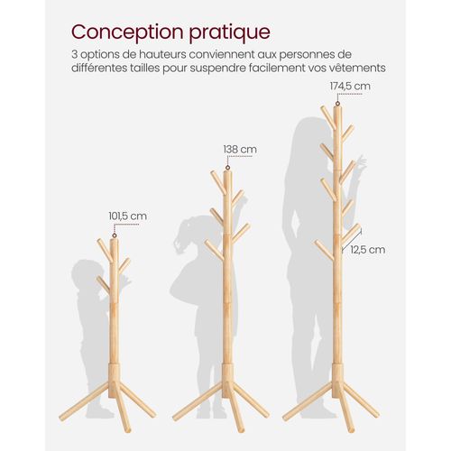 Porte-manteau, En Bois,forme D’arbre, 8 Crochets,3 Hauteurs Réglables,46,3 X 40,3 X 174,5 Cm,naturel