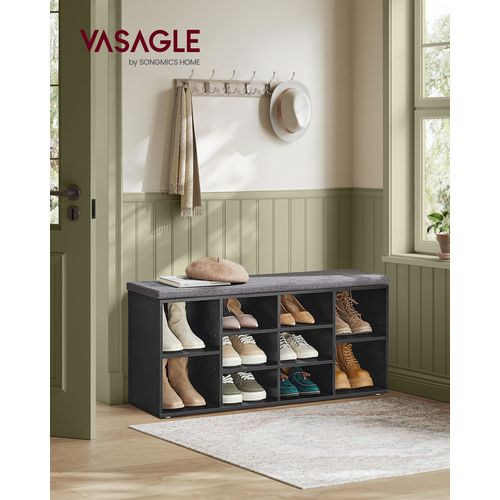 Banc à Chaussures, Banc De Rangement Avec Coussin Rembourré, Étagères Réglables, Noir Boisé