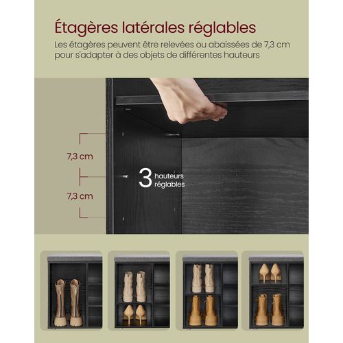 Banc à Chaussures, Banc De Rangement Avec Coussin Rembourré, Étagères Réglables, Noir Boisé