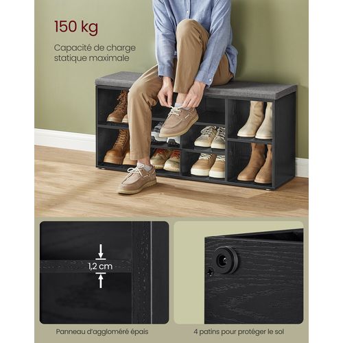 Banc à Chaussures, Banc De Rangement Avec Coussin Rembourré, Étagères Réglables, Noir Boisé