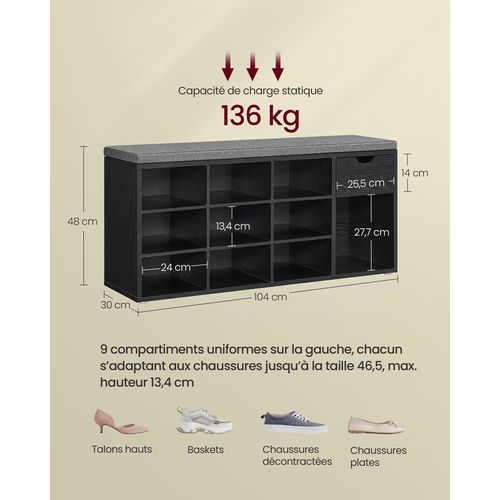 Banc à Chaussures, Banc Rangement, Avec Tiroir Et Compartiments, Noir Boisé Et Gris Ardoise