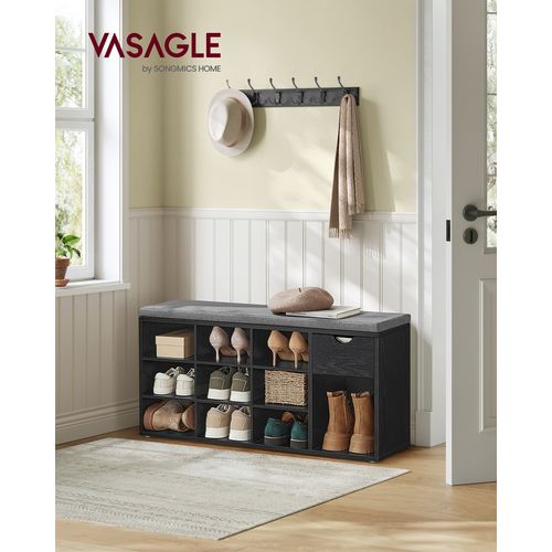 Banc à Chaussures, Banc Rangement, Avec Tiroir Et Compartiments, Noir Boisé Et Gris Ardoise