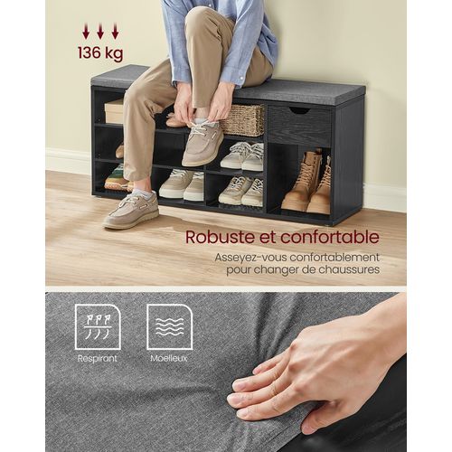 Banc à Chaussures, Banc Rangement, Avec Tiroir Et Compartiments, Noir Boisé Et Gris Ardoise