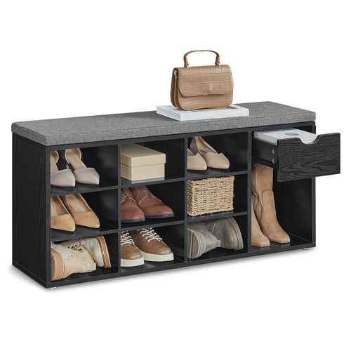 Banc à Chaussures, Banc Rangement, Avec Tiroir Et Compartiments, Noir Boisé Et Gris Ardoise