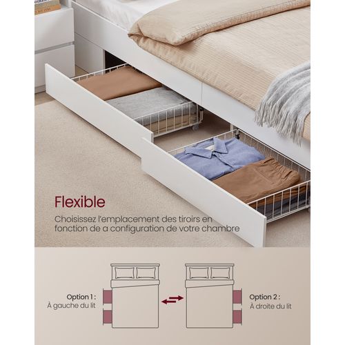 Lit Avec 2 Tiroirs Coulissants 140 X 190 Cm, Lit Double, Avec LED, Multiprise, Sans Sommier, Blanc