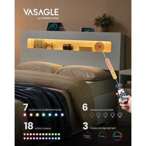 Lit Avec 2 Tiroirs Coulissants 140 X 190 Cm, Lit Double, Avec LED, Multiprise, Sans Sommier, Blanc