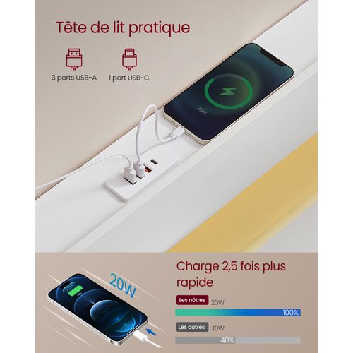 Lit Avec 2 Tiroirs Coulissants 140 X 190 Cm, Lit Double, Avec LED, Multiprise, Sans Sommier, Blanc