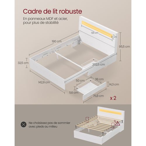 Lit Avec 2 Tiroirs Coulissants 140 X 190 Cm, Lit Double, Avec LED, Multiprise, Sans Sommier, Blanc