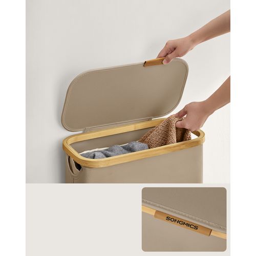 Panier à Linge Mince Avec Couvercle, 65l, Doublure En Maille Amovible, Pliable, Marron Camel