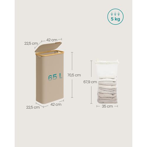 Panier à Linge Mince Avec Couvercle, 65l, Doublure En Maille Amovible, Pliable, Marron Camel
