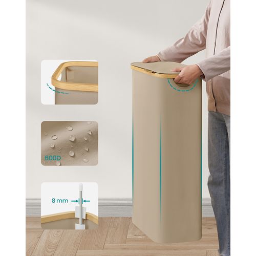 Panier à Linge Mince Avec Couvercle, 65l, Doublure En Maille Amovible, Pliable, Marron Camel