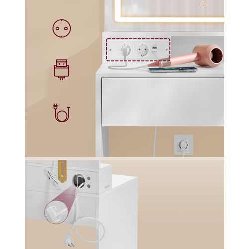 Coiffeuse Avec Miroir Et Lumière, Largeur De 90 Cm, Étagères Réglables, Prise De Courant, Blanc