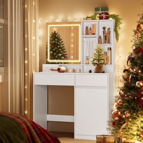 Coiffeuse Avec Miroir Et Lumière, Largeur De 90 Cm, Étagères Réglables, Prise De Courant, Blanc