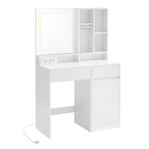 Coiffeuse Avec Miroir Et Lumière, Largeur De 90 Cm, Étagères Réglables, Prise De Courant, Blanc