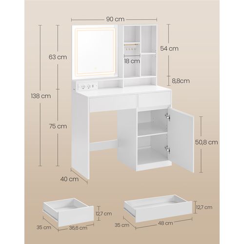 Coiffeuse Avec Miroir Et Lumière, Largeur De 90 Cm, Étagères Réglables, Prise De Courant, Blanc