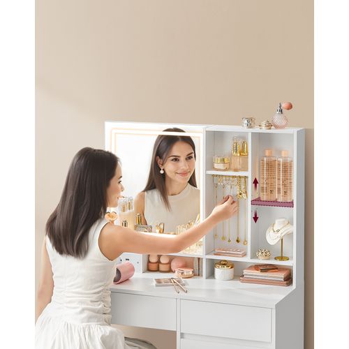 Coiffeuse Avec Miroir Et Lumière, Largeur De 90 Cm, Étagères Réglables, Prise De Courant, Blanc