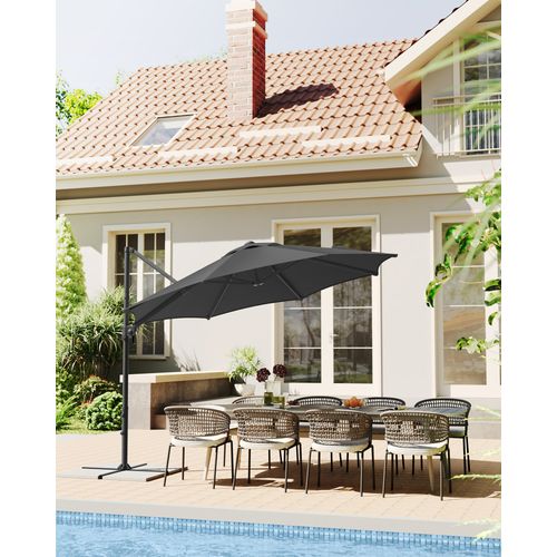 Parasol De Jardin 300 Cm, Inclinaison Fluide, Pivotant à 360°, Manivelle, Avec Base En Croix, Gris
