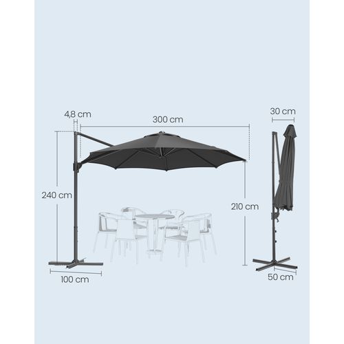 Parasol De Jardin 300 Cm, Inclinaison Fluide, Pivotant à 360°, Manivelle, Avec Base En Croix, Gris