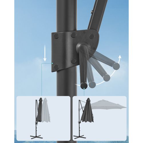 Parasol De Jardin 300 Cm, Inclinaison Fluide, Pivotant à 360°, Manivelle, Avec Base En Croix, Gris