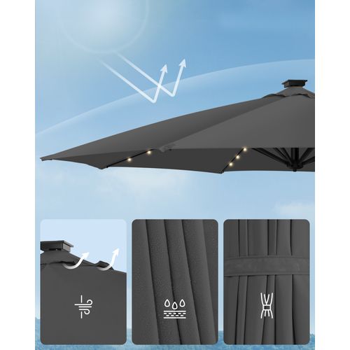 Parasol De Jardin 300 Cm, 28 LED Solaires, , Inclinaison Fluide, Manivelle, Avec Base En Croix, Gris