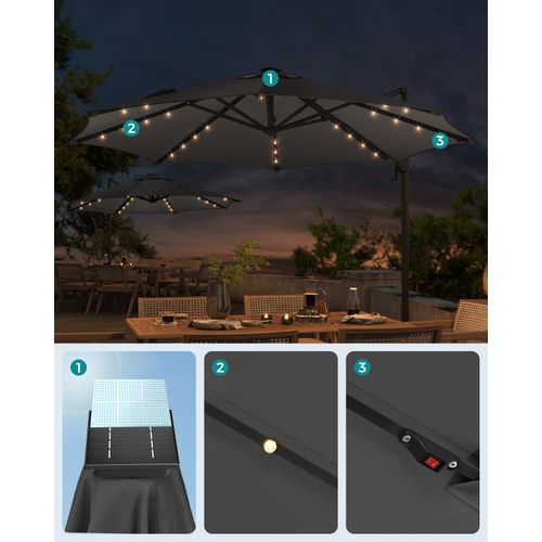 Parasol De Jardin 300 Cm, 28 LED Solaires, , Inclinaison Fluide, Manivelle, Avec Base En Croix, Gris