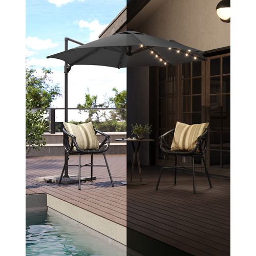 Parasol De Jardin 300 Cm, 28 LED Solaires, , Inclinaison Fluide, Manivelle, Avec Base En Croix, Gris