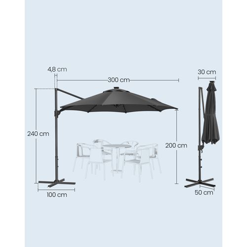 Parasol De Jardin 300 Cm, 28 LED Solaires, , Inclinaison Fluide, Manivelle, Avec Base En Croix, Gris