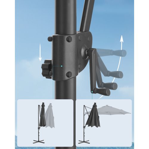 Parasol De Jardin 300 Cm, 28 LED Solaires, , Inclinaison Fluide, Manivelle, Avec Base En Croix, Gris