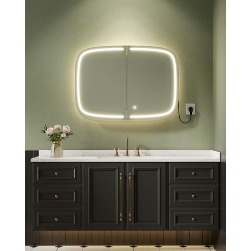 Miroir Salle De Bain Avec Éclairage, Avec 2 Prises Ac, 2 Prises USB, 2 Étagères Réglables, Noir