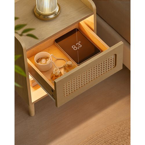 Table De Chevet Avec Multiprise, Lot De 2, Avec Lumière à Détecteur De Mouvement, Beige Chêne