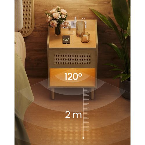 Table De Chevet Avec Multiprise, Lot De 2, Avec Lumière à Détecteur De Mouvement, Beige Chêne