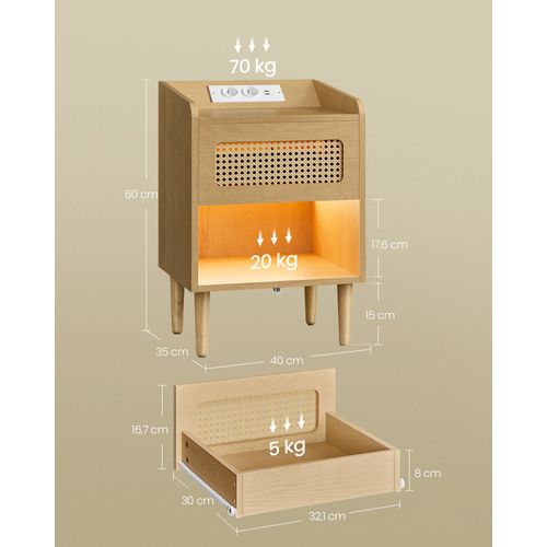 Table De Chevet Avec Multiprise, Lot De 2, Avec Lumière à Détecteur De Mouvement, Beige Chêne