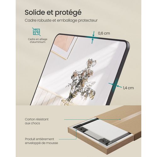 Miroir Intégral Suspendu, Miroir Rectangulaire, Cadre En Alliage D'aluminium, Noir D'encre