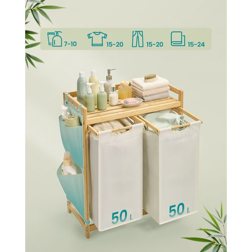 Panier à Linge, Avec 2 Compartiments, En Bambou, Poches Latérales, 2 X 50 L, 63 X 33 X 78 Cm, Blanc