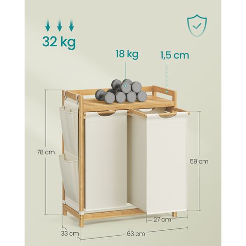 Panier à Linge, Avec 2 Compartiments, En Bambou, Poches Latérales, 2 X 50 L, 63 X 33 X 78 Cm, Blanc