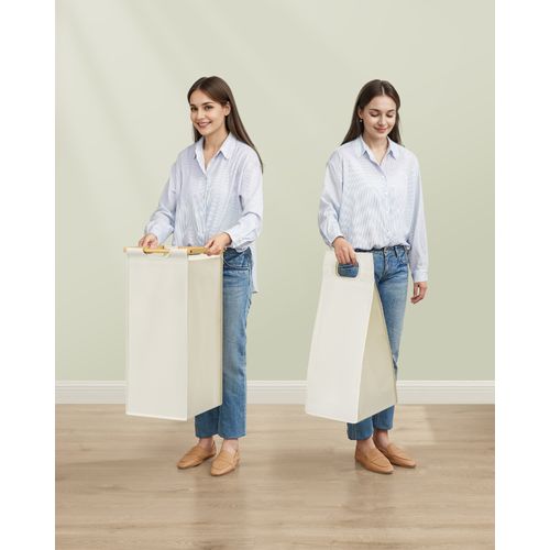 Panier à Linge, Avec 2 Compartiments, En Bambou, Poches Latérales, 2 X 50 L, 63 X 33 X 78 Cm, Blanc