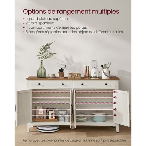 Buffet, Avec Tiroir Et Portes, Étagère Réglable, 40 X 140 X 80 Cm, Blanc Rustique Et Marron Miel