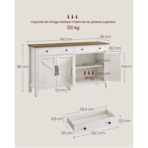Buffet, Avec Tiroir Et Portes, Étagère Réglable, 40 X 140 X 80 Cm, Blanc Rustique Et Marron Miel