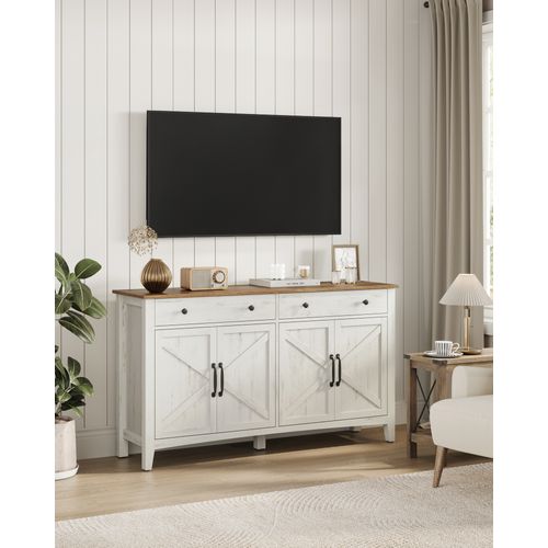 Buffet, Avec Tiroir Et Portes, Étagère Réglable, 40 X 140 X 80 Cm, Blanc Rustique Et Marron Miel