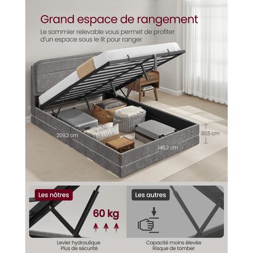Lit Coffre, Sommier Relevable, 140 X 190 Cm, Avec Rangement, Éclairage LED, Ports De Charge, Gris