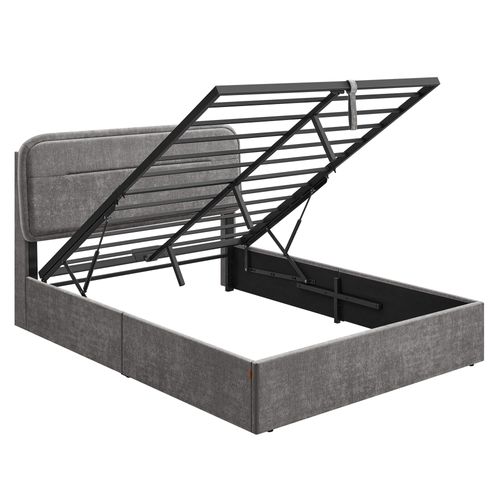 Lit Coffre, Sommier Relevable, 140 X 190 Cm, Avec Rangement, Éclairage LED, Ports De Charge, Gris