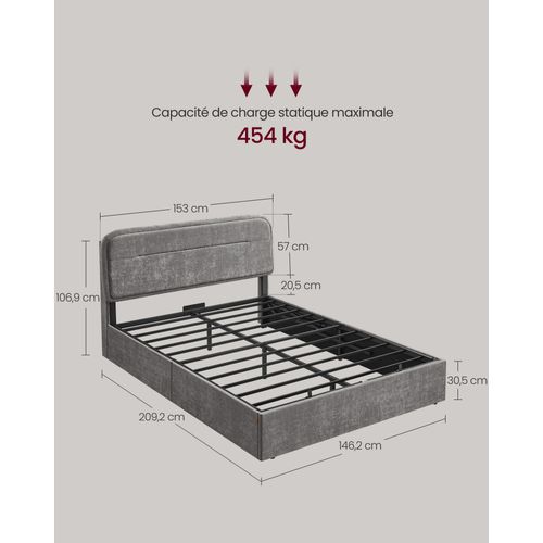Lit Coffre, Sommier Relevable, 140 X 190 Cm, Avec Rangement, Éclairage LED, Ports De Charge, Gris