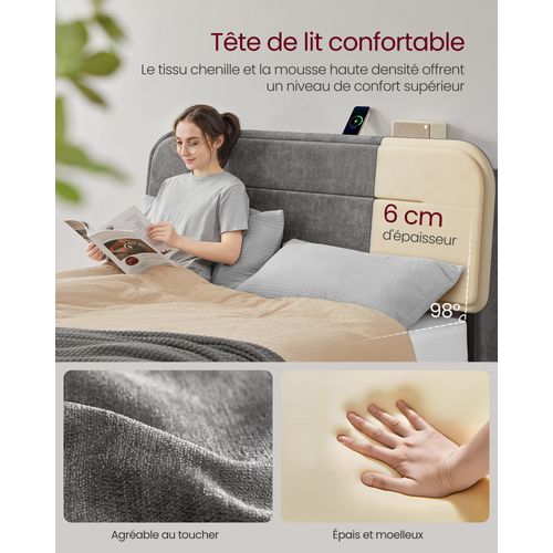 Lit Coffre, Sommier Relevable, 140 X 190 Cm, Avec Rangement, Éclairage LED, Ports De Charge, Gris