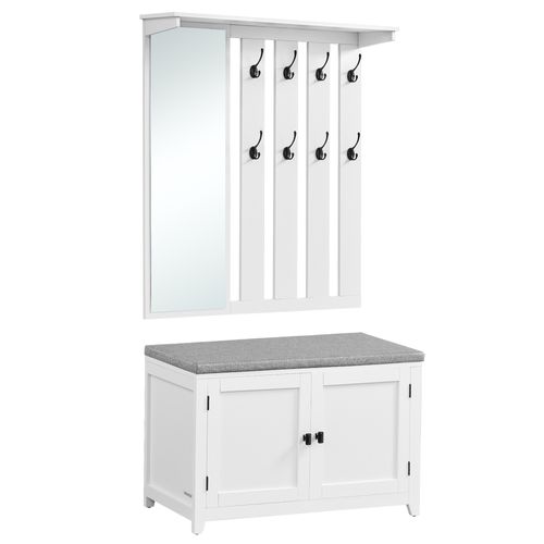 Ensemble Porte-manteau Avec Banc à Chaussures, Miroir, 8 Crochets Doubles, Largeur De 82 Cm, Blanc