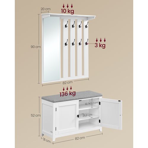 Ensemble Porte-manteau Avec Banc à Chaussures, Miroir, 8 Crochets Doubles, Largeur De 82 Cm, Blanc