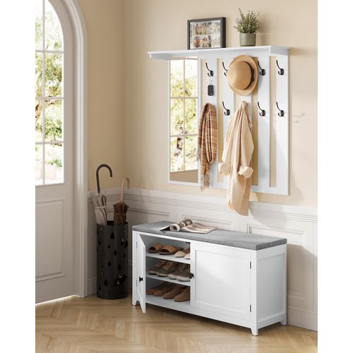 Ensemble Porte-manteau Avec Banc à Chaussures, Miroir, 10 Crochets Doubles, Largeur De 102 Cm, Blanc